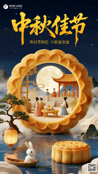 中秋节3D月饼创意祝福动态海报 模板ID:768697