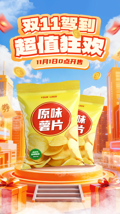 双十一狂欢促销零食专场宣传海报 模板ID:769533