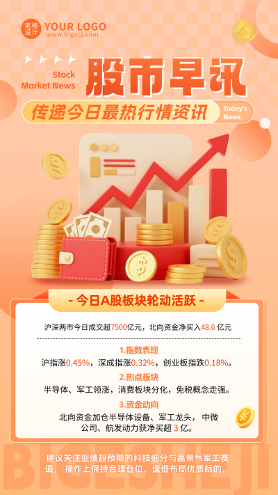 橙粉色简约今日股市行情资讯海报 模板ID：770168