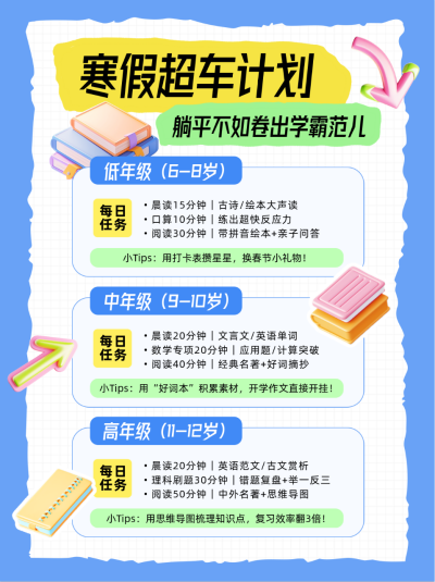 寒假学习计划蓝色小红书封面 模板ID:775682