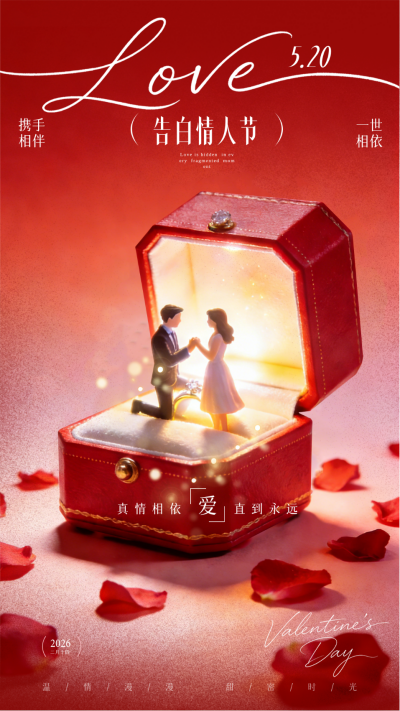 红色浪漫情人节钻戒祝福海报 模板ID：776881