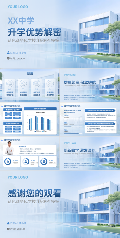 蓝色简约风升学优势解密PPT 模板ID:777806