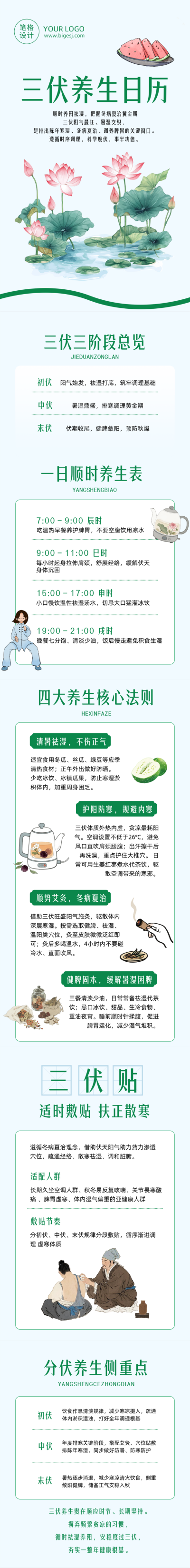 三伏天养生日历蓝色公众号长图 模板ID：989850