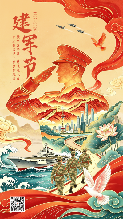 国潮风建军节节日祝福海报 模板ID：990308