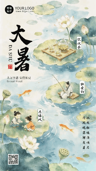 水墨大暑节气习俗祝福动态海报 模板ID:990357