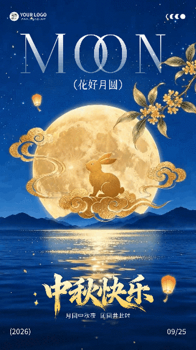 中秋节深蓝色夜景祝福动态海报 模板ID：9917239