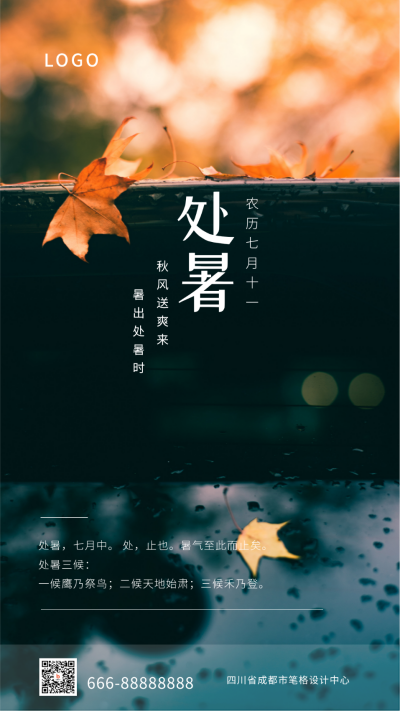 二十四节气处暑橙色枫叶实景简约清新灰色手机海报 模板ID:698