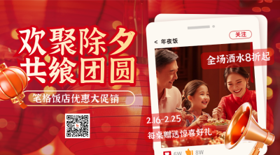 除夕年夜饭春节喜庆实景红色二维码 模板ID：75007