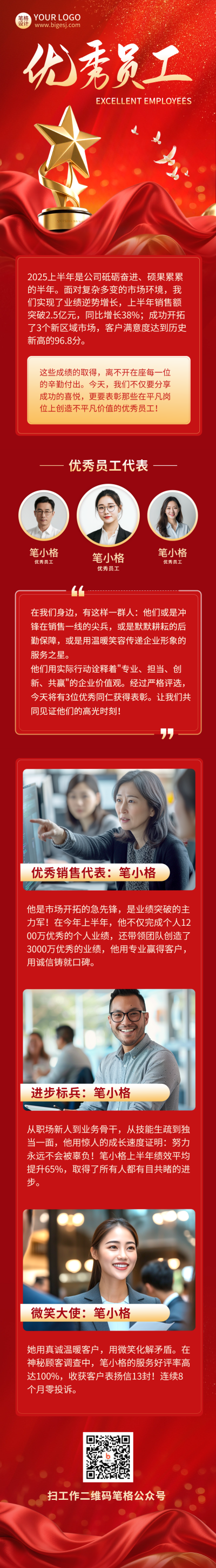 优秀员工表彰排行榜喜报公众号长图 模板ID：765976